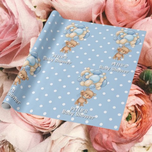Ljuvlig present till bebisfest! presentpapper (Adorable Blue Boy Teddy With Balloons – Perfect Gift Surprise!)