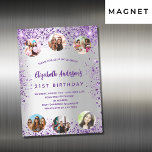 Ljuxen för silver lila-fotovänner från födelsedage magnetisk inbjudningskort<br><div class="desc">En giftig och feminin-magnetisk 21:a (eller någon ålder) födelsedagsfest-inbjudan. På framsidan: En trendig faux silver tittar bakgrund. Dekorerad med mörk lila faux glitter,  gnistor. Anpassa och lägg till information om namn,  party och 6 foton. Namn är skrivet med ett handskript stil,  lila färgad brev.</div>