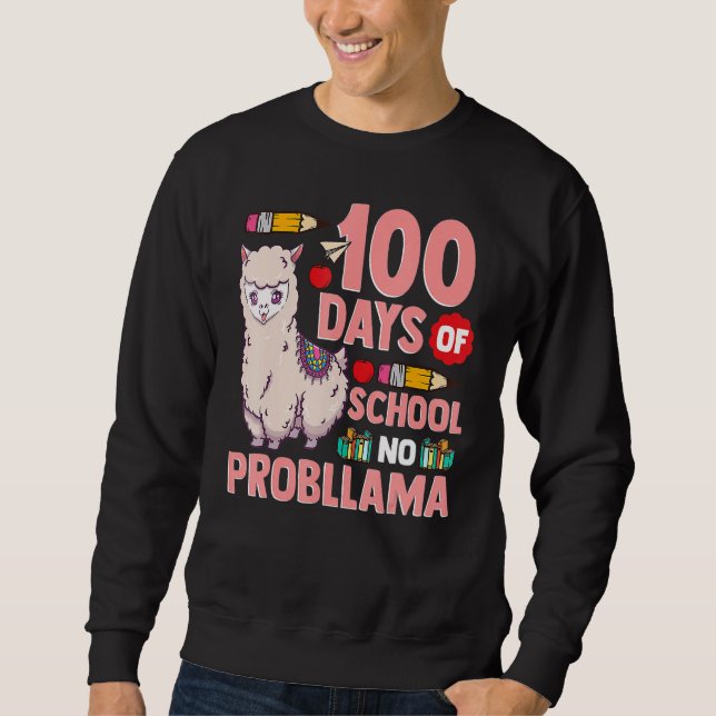 Llama 100 Days Of School No Probllama Teacher Stud Lång Ärmad Tröja (Framsida)