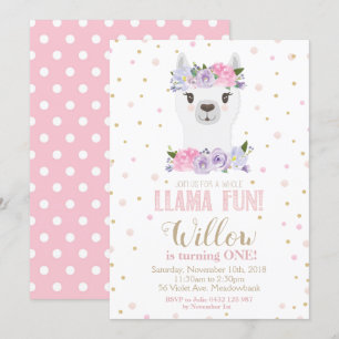 Llama 1:a Rosans första födelsedag Lila Blommigt f Inbjudningar