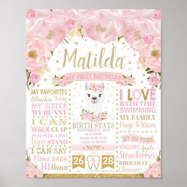 Llama 1-års födelsedagsmilstolpar Födelse statisti Poster (Framsidan)