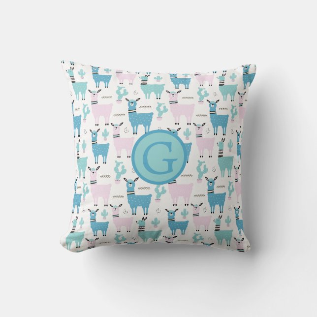 Llama Alapaca Animal Monogram Blue Rosa Animals Kudde (Framsida)