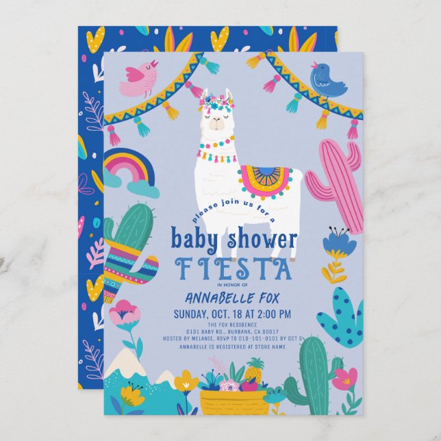Llama Alpaca Cactus Fiesta Blue Boy Shower Inbjudningar (Fram/baksida)