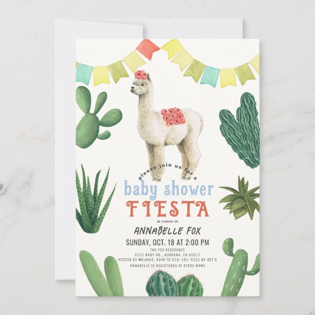Llama Alpaca Cactus Fiesta Boy Shower Inbjudningar (Framsida)