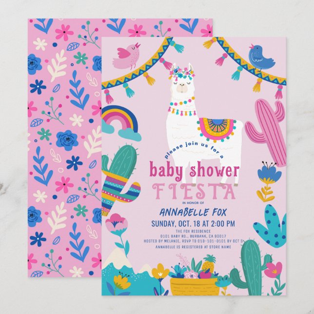 Llama Alpaca Cactus Fiesta Girl Rosa Baby Shower Inbjudningar (Fram/baksida)