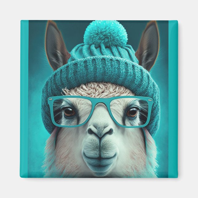 Llama Alpaca Cute Animals Beanie Hat Glass Magnet (Framsidan)