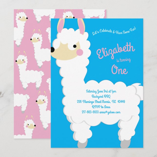 Llama Alpaca Cute Kids 1:a födelsedagen Party Inbjudningar (Fram/baksida)