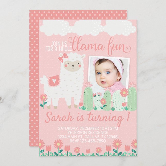 Llama Alpaca Födelsedagsfest inbjudan Inbjudan (Fram/baksida)