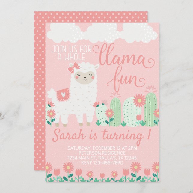 Llama Alpaca Födelsedagsfest inbjudan Inbjudan (Fram/baksida)