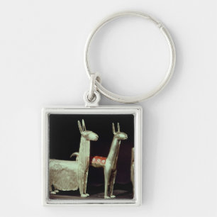 Llama, alpaca och kvinna fyrkantig silverfärgad nyckelring