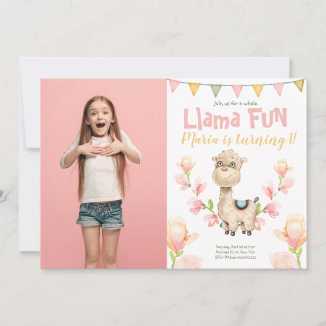 Llama Alpaca Photo Watercolor Birthday-inbjudan Inbjudningar (Framsida)