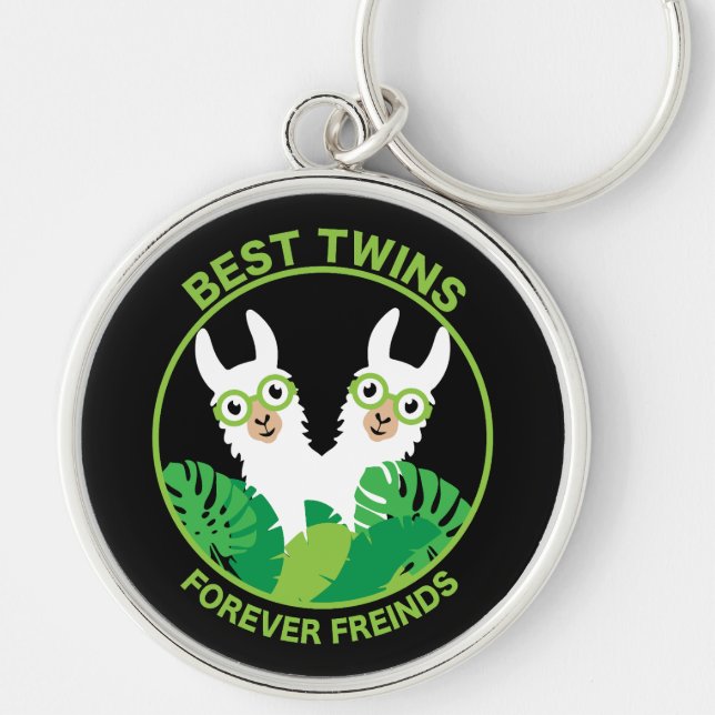 Llama Alpaca Twillingar Rund Silverfärgad Nyckelring (Framsidan)