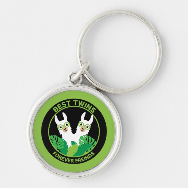 Llama Alpaca Twillingar Rund Silverfärgad Nyckelring (Framsidan)