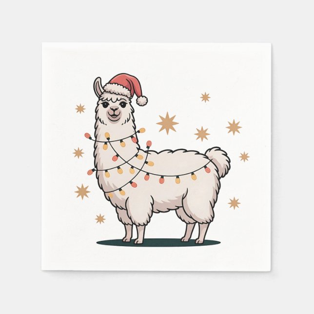 Llama Alpaca With Santa Hat And Christmas Light Pappersservett (Framsidan)