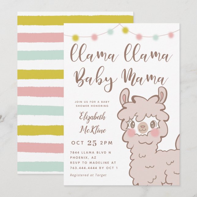 Llama Baby Mamma Kön Neutral Shower Inbjudningar (Fram/baksida)