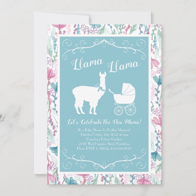 Llama Baby Shower Cute Blue Boy Inbjudningar (Framsida)