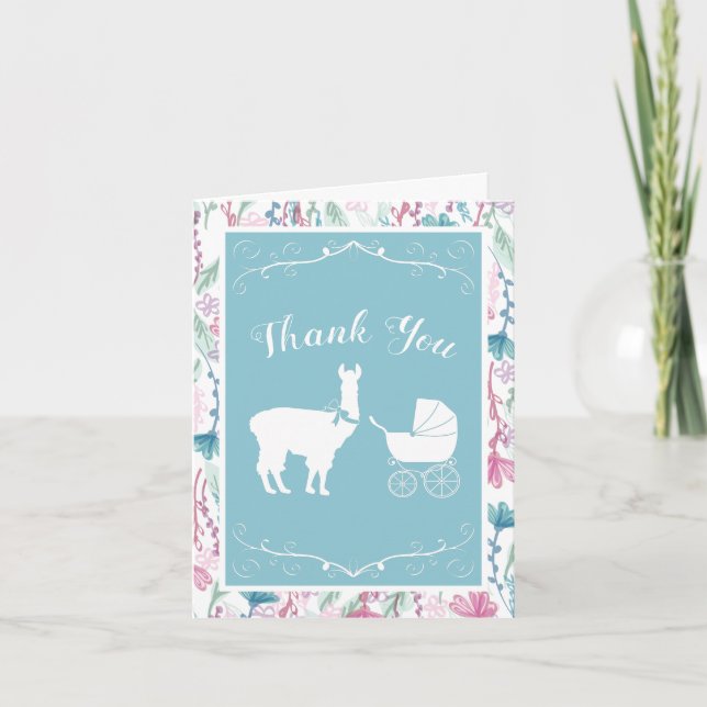 Llama Baby Shower Cute Blue Boy Tack Kort (Framsida)