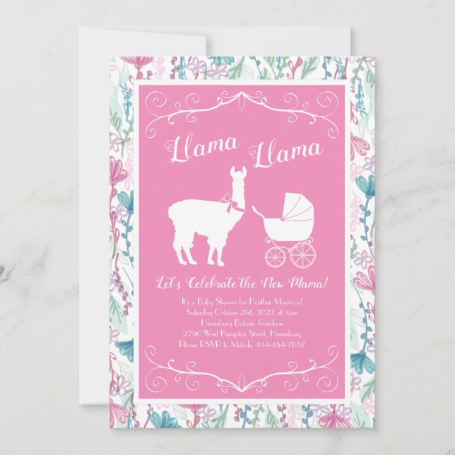 Llama Baby Shower Cute Rosa Girl Girl Inbjudningar (Framsida)