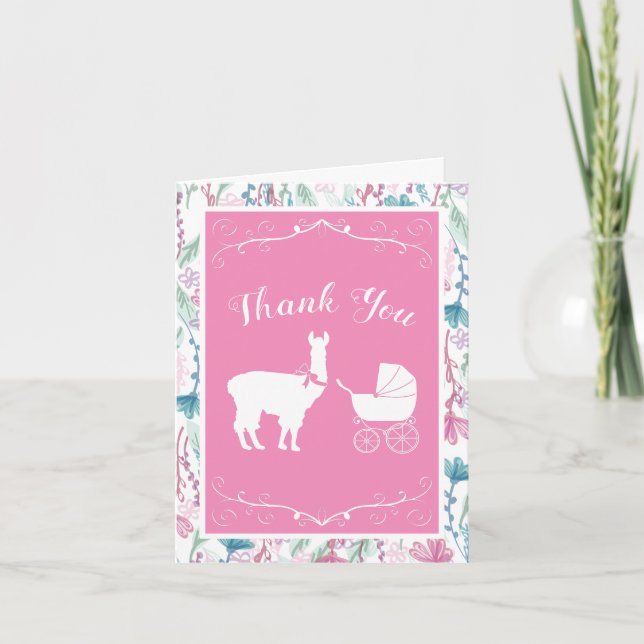Llama Baby Shower Cute Rosa Girl Girl Tack Kort (Framsida)