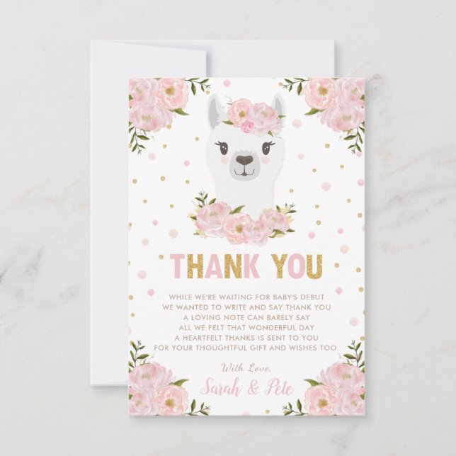 Llama Baby Shower  Rosa Blommigt Tack Kort (Framsida)