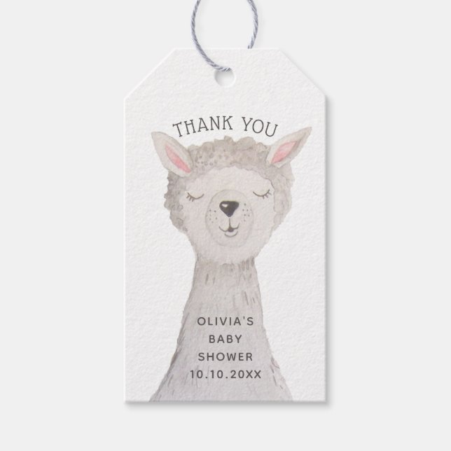 Llama Baby Shower Thank You | Watercolor Alpaca Presentetikett (Framsidan)