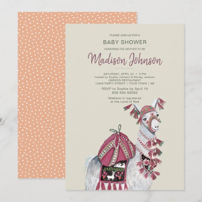 Llama | Babyskor | Persikor | Inbjudan (Fram/baksida)