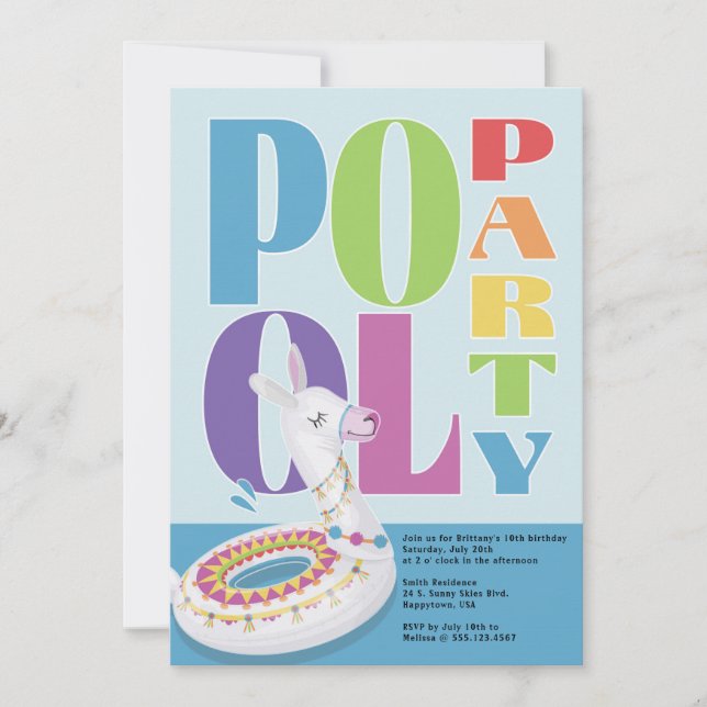 Llama Bassäng Party, sommartid, Födelsedagsfest Inbjudningar (Framsida)