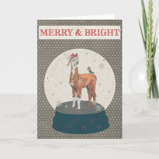 LLAMA & BIRD SNOWGLOBE MERRY & BRIGHT Card Helgkort (Framsida)