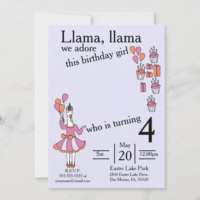 Llama Birthday Girl lavendar och orange Inbjudningar (Framsida)