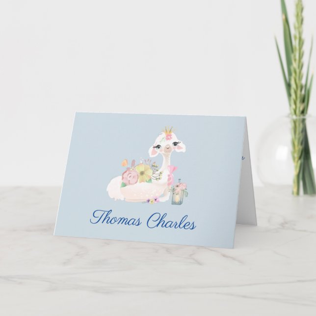 Llama Blå och Vit med Blommor Bebis Tack Kort (Framsida)