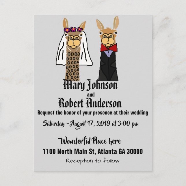 Llama Bride och Groom bröllopsinbjudan Inbjudan Vykort (Framsida)