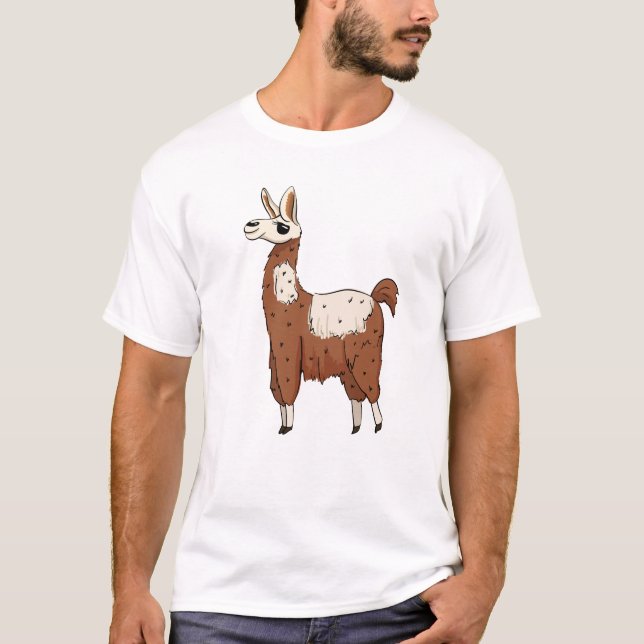 Llama - Brun och vit Roligt, Tecknad T Shirt (Framsida)