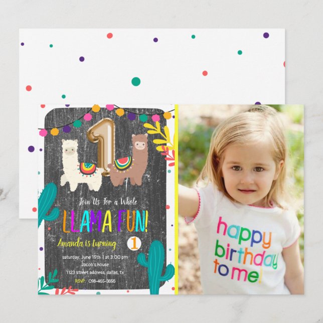 Llama Cactus Child 1st Birthday Investigation Inbjudningar (Fram/baksida)