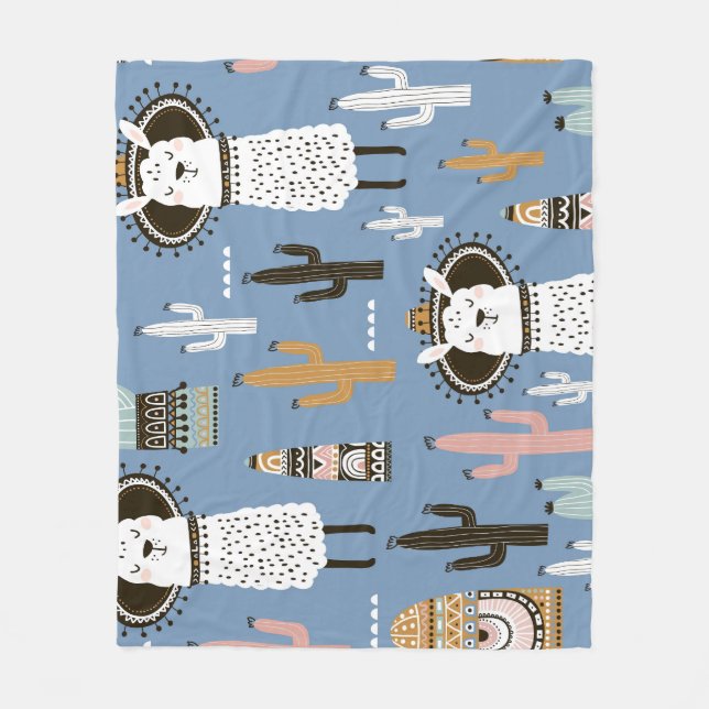 Llama, Cactus, Handdrad Inslag Mönster. Fleecefilt (Framsidan)
