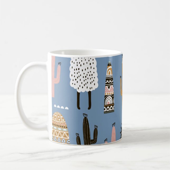 Llama, Cactus, Handdrad Inslag Mönster. Kaffemugg (Vänster)