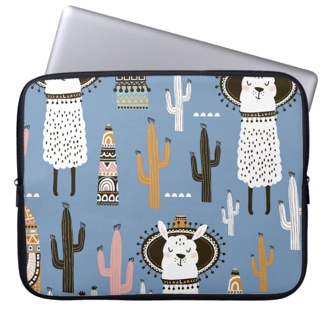 Llama, Cactus, Handdrad Inslag Mönster. Laptop Fodral (Framsidan)