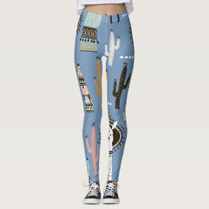Llama, Cactus, Handdrad Inslag Mönster. Leggings
