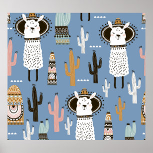 Llama, Cactus, Handdrad Inslag Mönster. Poster