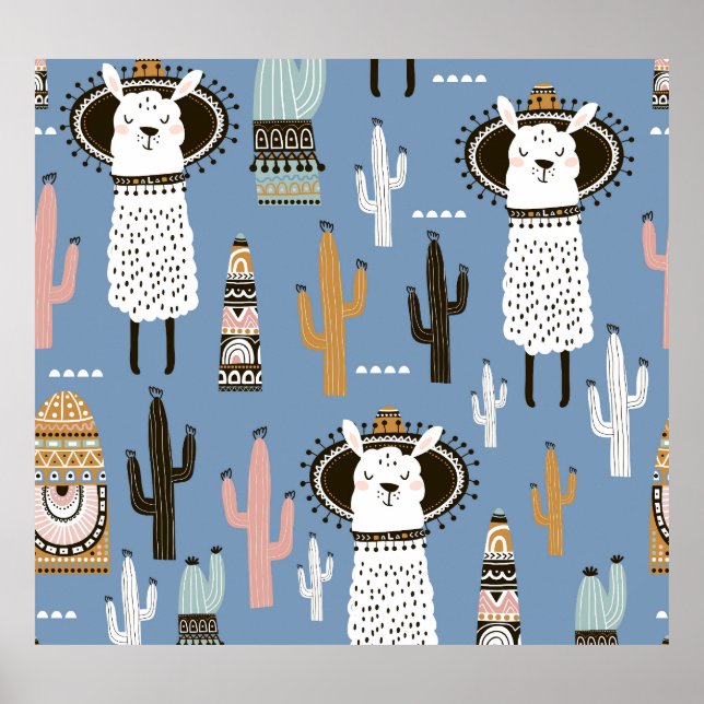 Llama, Cactus, Handdrad Inslag Mönster. Poster (Framsidan)