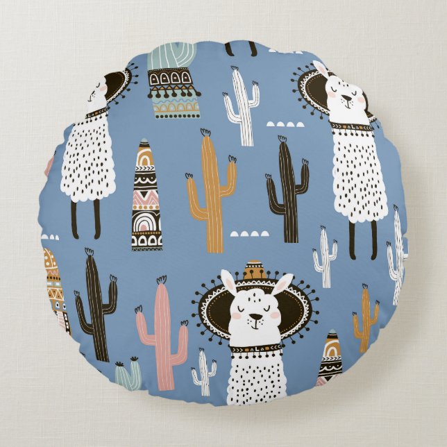 Llama, Cactus, Handdrad Inslag Mönster. Rund Kudde (Framsidan)