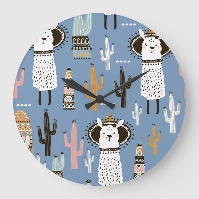 Llama, Cactus, Handdrad Inslag Mönster. Stor Klocka (Framsida)