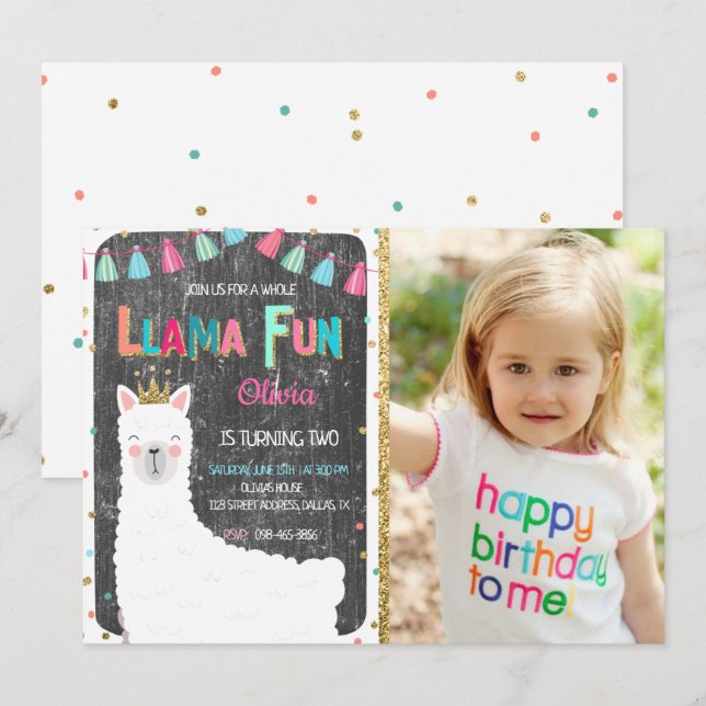 Llama Chalkboard Birthday-inbjudan med foto Inbjudningar (Fram/baksida)