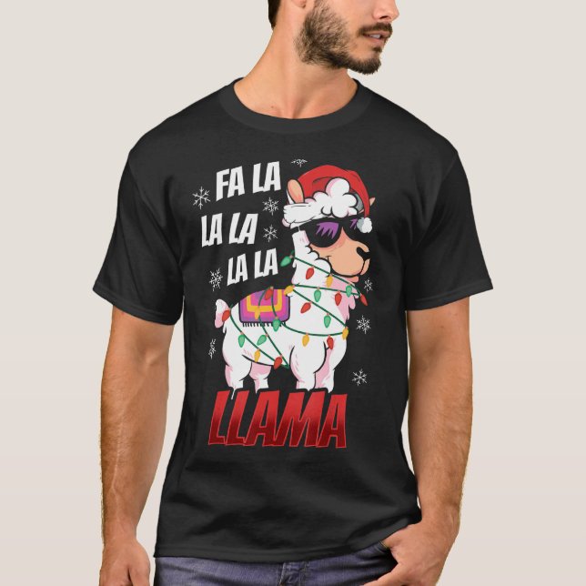 Llama Christmas  Fa La La Llama  Xmas Lights T Shirt (Framsida)