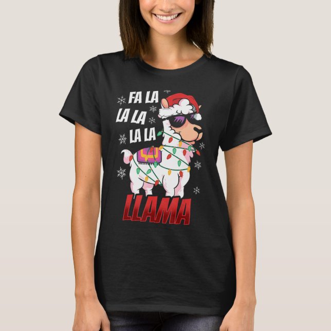 Llama Christmas  Fa La La Llama  Xmas Lights T Shirt (Framsida)