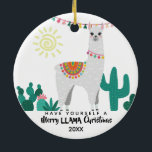 Llama CHristmas Funny Ornament<br><div class="desc">Roligt och Joy kommer att vara en del av ditt Julgran med denna unika utsmyckning. Det har en söt lama på en kaki-ökenbakgrund och en rolig text: "Ha en trevlig LLAMA-jul". Redigera året och njut av den här söta hemdekanten. Det är också underbart som Helgdag Gift.</div>