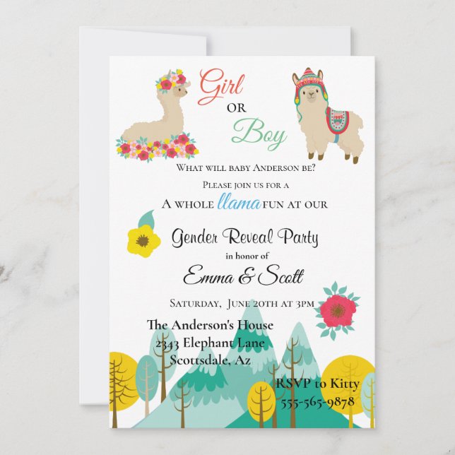 Llama Colorful Gender Reveal Party Inbjudningar (Framsida)