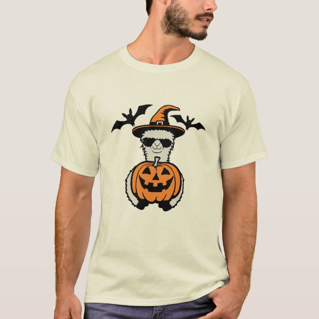 Llama Cool Halloween Pumpkin Sunglasses Witch Hat T Shirt (Framsida)