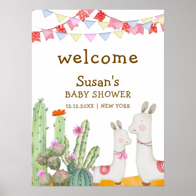 Llama Desert Cactus Fiesta Baby Shower Välkommen Poster (Framsidan)