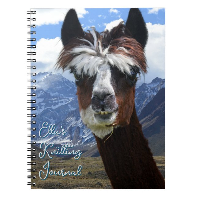 Llama Face Mountains Personalized Knitting Journal Anteckningsbok (Framsidan)