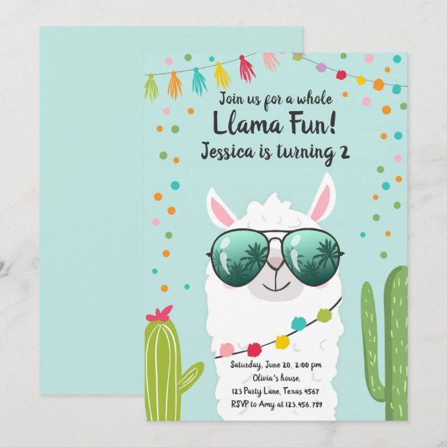 Llama Fiesta Birthday Alpaca Fiesta Blue Girl Inbjudningar (Fram/baksida)